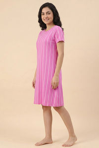 Zivame Thin Stripes Knit Cotton Knee Length Nightdress - Spring Crocus — thumbnail 2